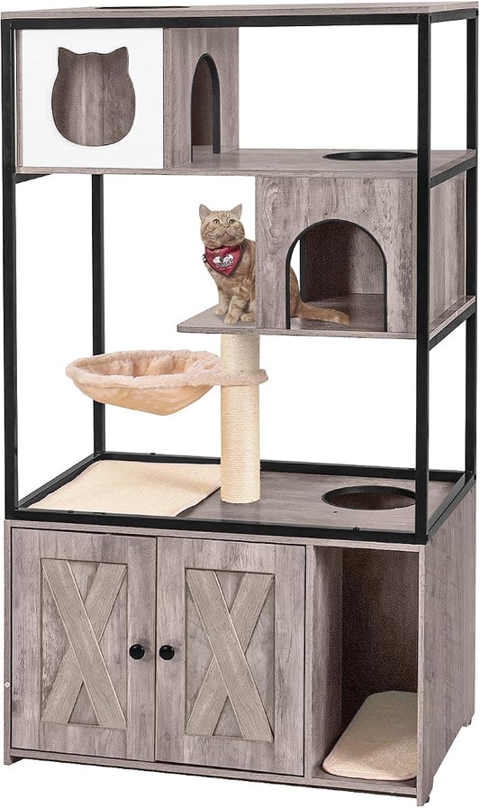 Aivituvin Cat Litter Box Enclosure, Litter Box Furniture Hidden, Wooden Cat Washroom Furniture, Indoor Cats House with Condo, Hammock, Scratching Mat and Storage Shelves-Greige by Aivituvin