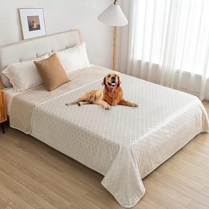 fuguitex Waterproof Dog Blanket Bed Cover Dog Crystal Velvet Moroccan Fuzzy Cozy Plush Pet Blanket Throw Blanket for Couch Sofa(68 * 82 inch, Cream+Beige) - Image 6