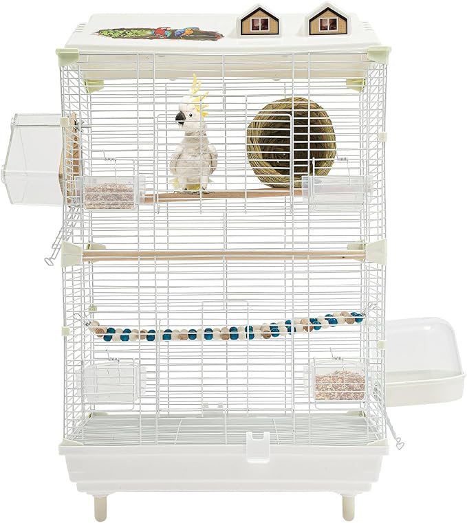 2-Door Wrought Iron Bird Cage Parakeet Cage with Roof, Parrot Cage Pet Birds Flight Cage w/Nest, Interactive Birdcages Bird House Travel Cage for 4-6 Small Birds (30" H, Iron Mesh w/Roof-A) - Image 3