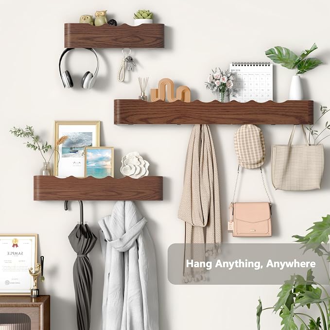 Wall Mounted Coat Rack with Shelf, Wooden Entryway Organizer with Hidden Metal Hooks for Hanging Coats Bags Keys, Modern Floating Shelf for Hallway Bathroom - Image 3
