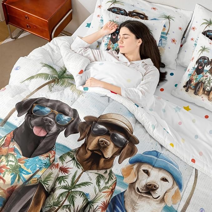 Erosebridal Summer Beach Twin 7-Piece Bedding Set, Kawaii Dogs Bed in A Bag, Sea Beach Comforter Set with Sheets for Kids Boys Teens Girls Women Men Bedroom, Floral Starfish Coconut Tree Bed Sets - Image 7