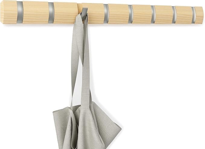 Umbra Flip Coat Rack, Wall Mount 8-Hook, Space Saving, Natural/Nickel | Real wood and steel build, retractable hooks fold flat, holds coats bags and scarves, easy install - Image 11