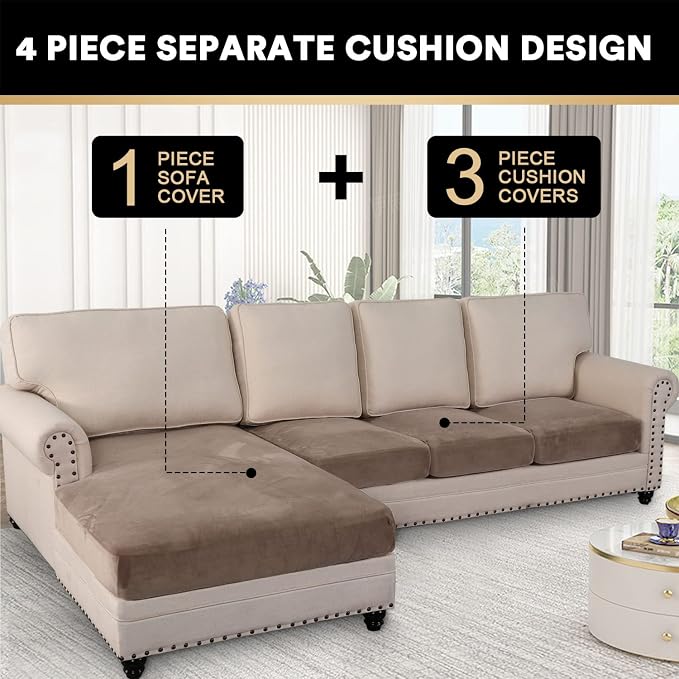 PrinceDeco Sectional Couch Covers 4 Pieces Couch Covers for Sofa Velvet Separate Couch Cover L Shape for Left/Right Chaise(3 Seater + 1 Chaise,Taupe) - Image 3