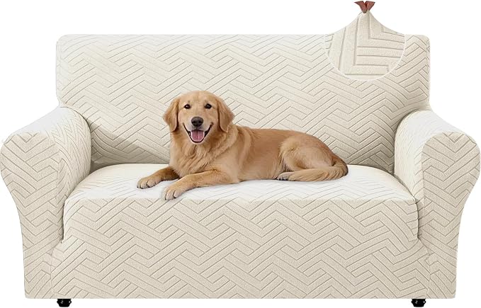 Stretch Sofa Cover Non-Slip Washable Furniture Protector | Stretch, 55"-69".Soft, Non Skid Foam, Elastic Bottom, Machine Washable, for Kids & Pets, Couch & Sofa, Beige White by YSTELLAA