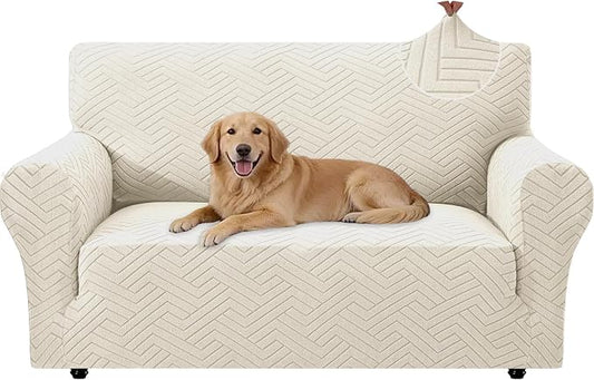 Stretch Sofa Cover Non-Slip Washable Furniture Protector | Stretch, 55"-69".Soft, Non Skid Foam, Elastic Bottom, Machine Washable, for Kids & Pets, Couch & Sofa, Beige White by YSTELLAA