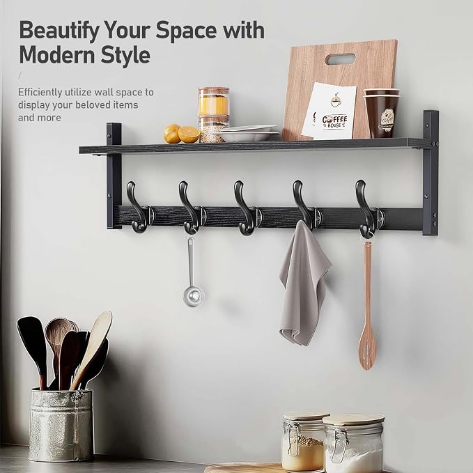 Tatub 29" Rustic Coat Rack Wall Mount with Shelf, Entryway Wall Hooks with Shelf, Coat Hangers for Bathroom, Living Room, Bedroom, Black - Image 8