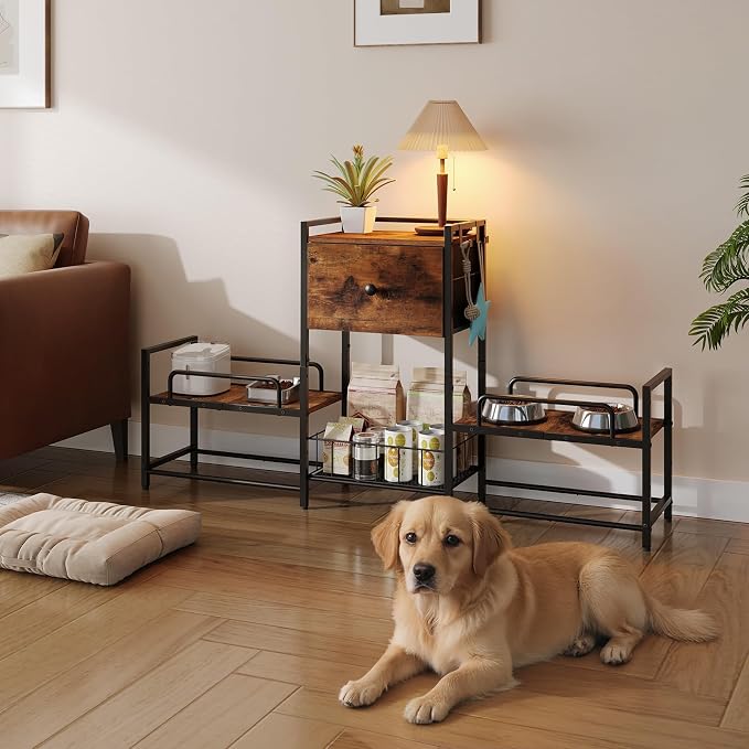 HOOBRO Raised Dog Bowl Stand with Storage, Lifted Feeding Station, Elevated Bowl Holder, 4 Adjustable Heights, for Large Medium Small Dogs, with 1 Drawer and 2 Hooks, Rustic Brown BF23PO03G1 - Image 4