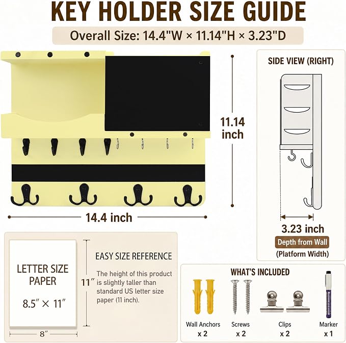 Key Holder for Wall Mount with Shelf and Mail Organizer, Key and Mail Holder with 16 Hooks, Farmhouse Entryway Organizer, Home Decor Rack(Pine Wood,Ivory Yellow) - Image 2