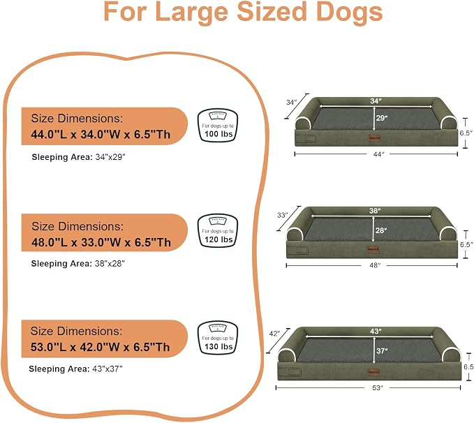 NANUYA Orthopedic Dog Bed for Jumbo Dogs, 53 x 42 Inch, Dark Green | Egg crate foam for joint support, 3-sided bolster pet sofa, waterproof lining, washable cover, and non-skid base - Image 6