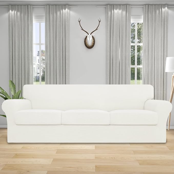 Easy-Going 4 Pieces Stretch Couch Cover Oversized Sofa Cover for Dogs Washable Sofa Slipcover for 3 Separate Cushion Couch Spandex Elastic Furniture Protector for Pets, Kids (Ivory, Oversized Sofa) - Image 2