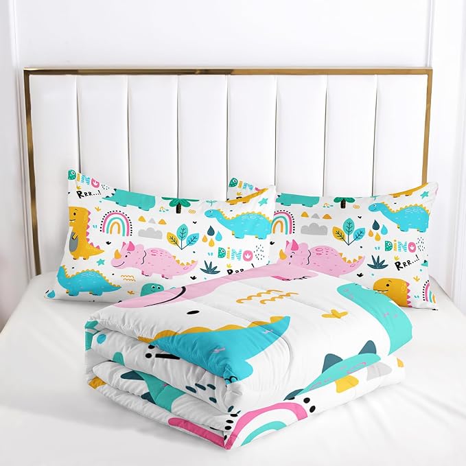Nttopship Cute Cartoon Dinos Comforter Sets Queen Size for Kids, Cartoon Dinosaurs and Rainbows Comforter Sets All Season 1 Comforter and 2 Pillowcases - Image 4