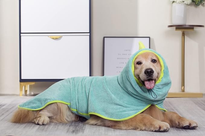 Pawyee Super Soft Fast-Drying Dog Towel Set for Cold Weather, Beach, Pool - Adjustable Microfiber Bath Robe with Drying Gloves for Cats and Dogs (L, Blue Dino) - Image 4