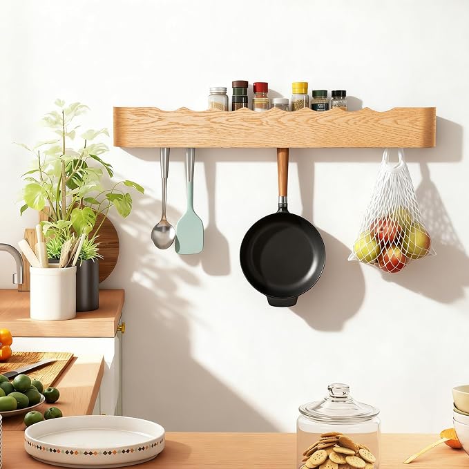 Coat Rack Wall Mount with Shelf Entryway Shelf Modern Key Holder Hanger Wall Shelves with Hidden Hooks for Hanging Towels Coats Hats Bags for Hallway Bathroom Bedroom (Wavy Oak, 8 Hooks) - Image 7