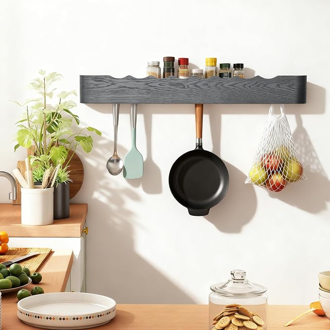 Coat Rack Wall Mount with Shelf Entryway Shelf Modern Key Holder Hanger Wall Shelves with Hidden Hooks for Hanging Towels Coats Hats Bags for Hallway Bathroom Bedroom(Wavy Black, 8 Hooks) - Image 7