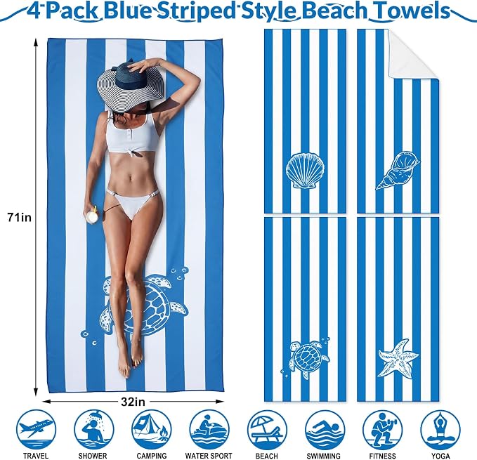 Frienda 4 Pack Microfiber Oversized Lightweight Beach Towel 71x32 in for Women Men Microfiber Quick Dry Sand Free Ocean Coastal Towels for Beach Pool Travel (Blue and White Stripes) - Image 2