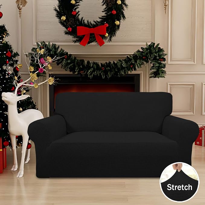 Easy-Going Stretch Loveseat Couch Covers Washable Black | 1-Piece Loveseat Covers for 2 Cushion Couch Furniture Protector RV Sofa Slipcover Soft with Bottom for Kids Pets - Image 2