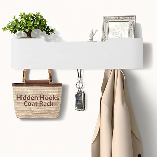 Coat Rack Wall Mount with Shelf 4 Hidden Hooks Modern Wooden Key Holder Entryway Organizer for Hallway Bedroom Bathroom Home Decor Storage for Hanging Coats Hats Bags Towels, White by Jadoxy