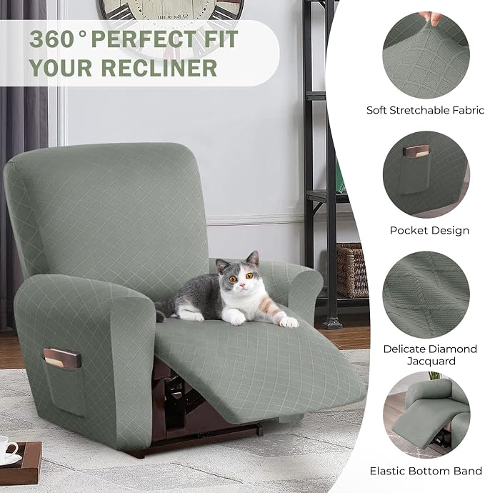 vctops Diamond Recliner Cover 4-Pieces Recliner Stretch Sofa Slipcover 1 Seater Couch Protector Soft Solid Furniture Protector Covers with Elastic Strap (Greyish Green,1 Seat) - Image 4
