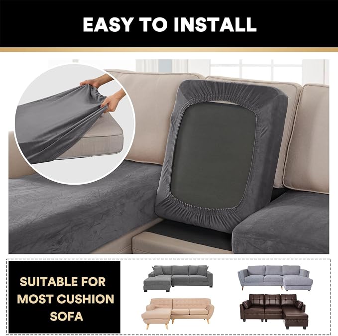 PrinceDeco Sectional Couch Covers 3 Pieces Velvet Sofa Covers L Shape Soft Couch Covers for Sectional Sofa Corner Sofa Cover Couch Cover for Dogs Washable (2 Seater + 1 Chaise,Grey) - Image 6