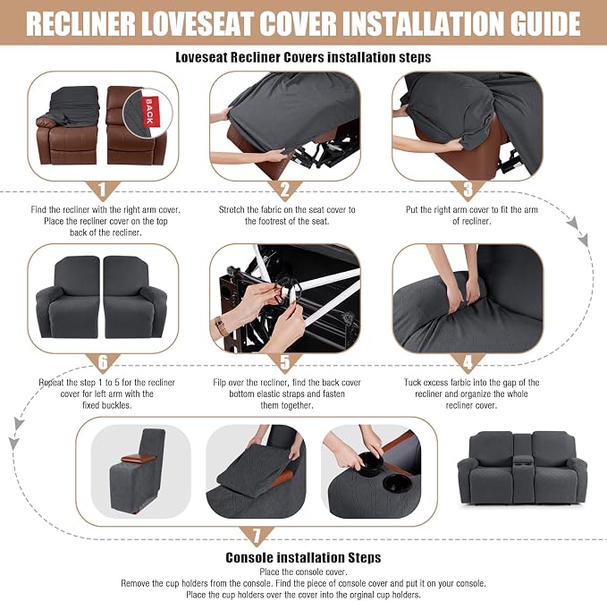 VANSOFY Recliner Loveseat Cover with Middle Console Stretch Reclining Sofa Slipcover for 2 Seat Jacquard Reclining Couch Sofa Covers Furniture Protector with Elastic Straps Bottom (Black Gray) | 4-Pieces, Soft Furniture Protector, Washable Slipcover wi... - Image 6