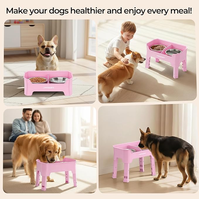 URPOWER Mess Proof Elevated Dog Bowls, Splash Guard Raised Bowl Stand | 4 Height Adjustable Raised Stand with 2 Stainless Steel Food Bowls & Licking Plate for Small, Medium & Large Dogs - Image 8