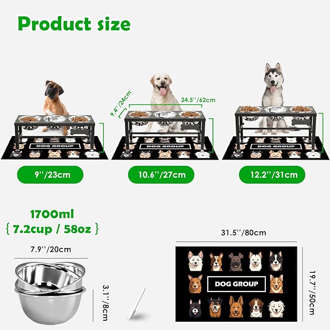 SHAINFUN Metal Elevated Dog Bowls Stand for Large Dogs with Mat & Three 58oz Food Water Bowls, Adjustable Height Raised Dog Bowl Stand - Image 4