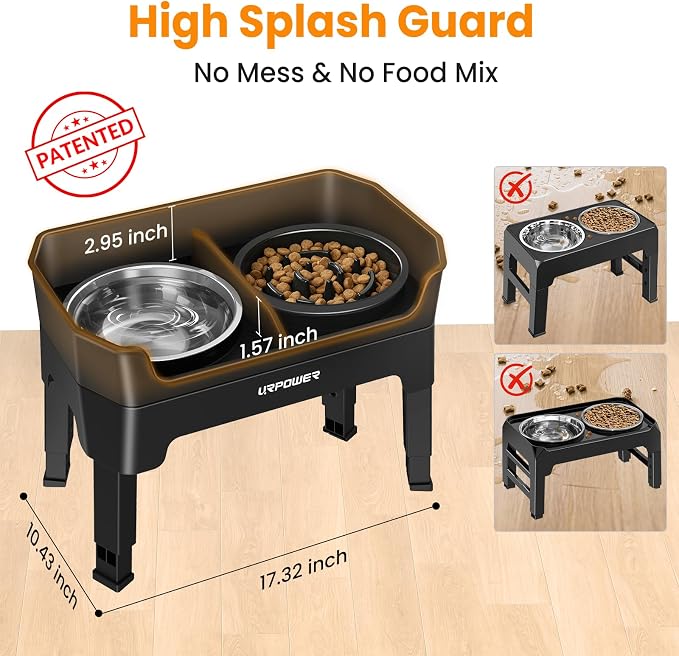 URPOWER 3-in-1 Elevated Dog Bowls with Slow Feeder & Licking Plate | 4 Height Adjustable Raised Stand with 2 Stainless Steel Food Bowls & Licking Plate for Small, Medium & Large Dogs - Image 2