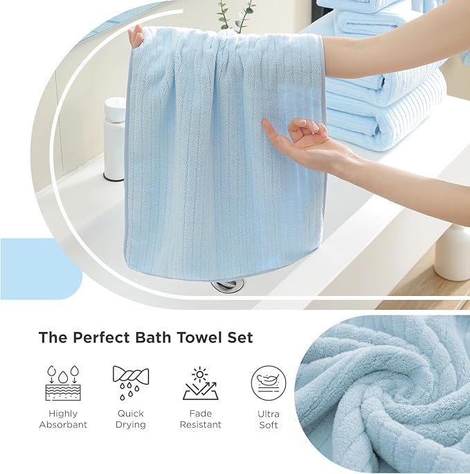 Hailea 18 Piece Family Bath Towel Set Include 6 Bath Towels,6 Hand Towels and 6 Washcloths Soft Bathroom Towel with Hanging Loops,Highly Absorbent Quick Dry Towels Set for Bathroom,Hotel and Spa-Blue - Image 6