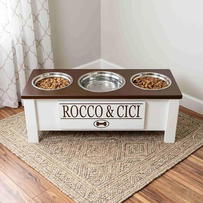 3 Bowl Dog Feeding Station, Personalized Triple Bowl Food Stand Medium Dogs | Farmhouse Style, Elevated Wood Stand, Storage Container, Stainless Steel Bowls, Raised Anti-Slip Feeder, Made in USA - Image 2
