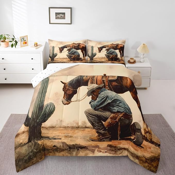 Western Horse Cowboy Comforter Sets Toddler Size,Southwest Desert Cactus Bedding Comforter for Kids Boys,Rustic Farmhouse Style Quilt Sets for Bedroom Decor,Duvet Insert,1 Pillowcase,Beige Brown - Image 5