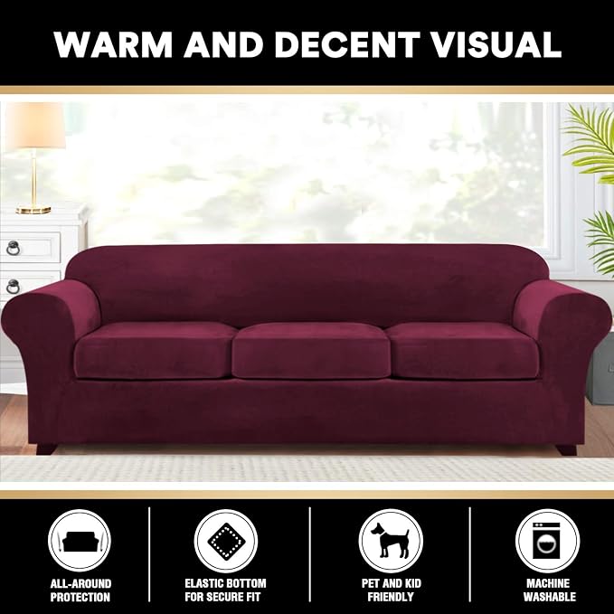 PrinceDeco Velvet XL Couch Cover for Oversized Sofa 4 Piece Sofa Covers for 3 Cushion Couch Washable Furniture Protector with Non Slip Elastic Bottom Width Up to 105 Inch(X-Large, Burgundy) - Image 6