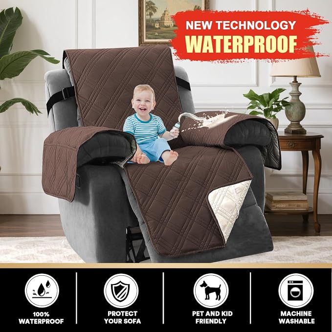 PrinceDeco Recliner Cover 100% Waterproof Couch Cover Sofa Cover for Living Room Water Resistant Furniture Protector with Elastic Straps for Pets Dog(Recliner28,Brown) - Image 3