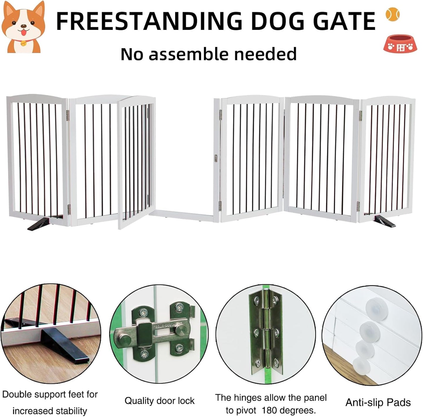 ZJSF Foldable Indoor Dog Door with Walk Through Door, Freestanding Pet Door for The House,Doorways, Stairs, Pet Puppy Safety Fence with Support Feet, White 6 Panels 120" Wide 32''Height