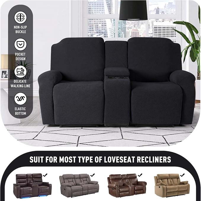 KinCam Loveseat Recliner Covers with Middle Console Slipcover, Black | Stretch Recliner Sofa Covers for 2 Seat Couch Cover, Jacquard Furniture Protector Covers with Elastic Bottom for Kids, Pets - Image 4