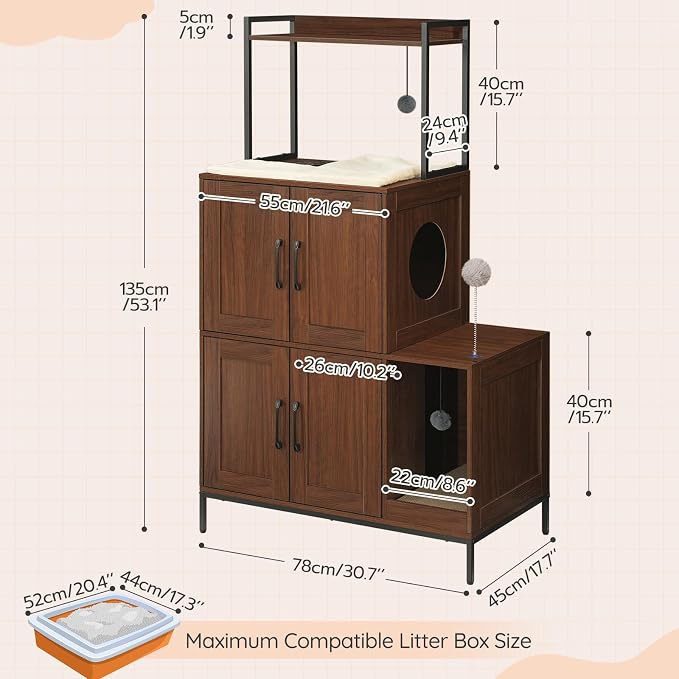 HOOBRO Litter Box Enclosure, Litter Box Furniture with Storage, 2-in-1 Hidden Cat Furniture with Shelf, 2 Dangling Plush Balls and 1 Toy Ball, Large Wooden Cat Washroom, Walnut WL78MW01 - Image 5