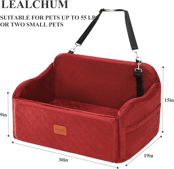 Dog Car Seat for Medium/Large Dogs,2 Clip-On Safety Leashs for 2 Small Dogs,Removable and Washable Comfy Pet Car Seat,Easy to Install and Clean (Red, Large)