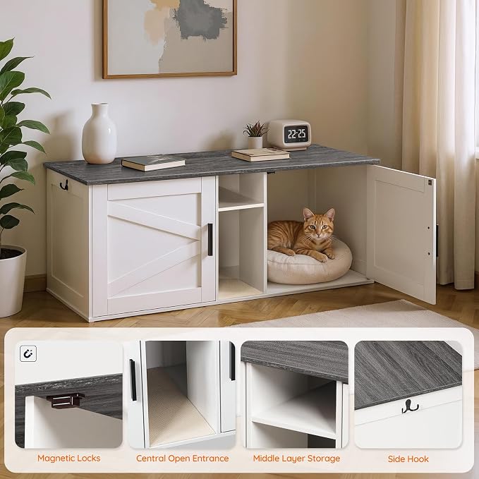 HOOBRO Double Litter Box Enclosure, Modern Cat Litter Box Furniture with Storage and Mat Design, Farmhouse Hidden Litter Box Enclosure with 2 Hooks, White and Charcoal Gray BW23MW01 - Image 6