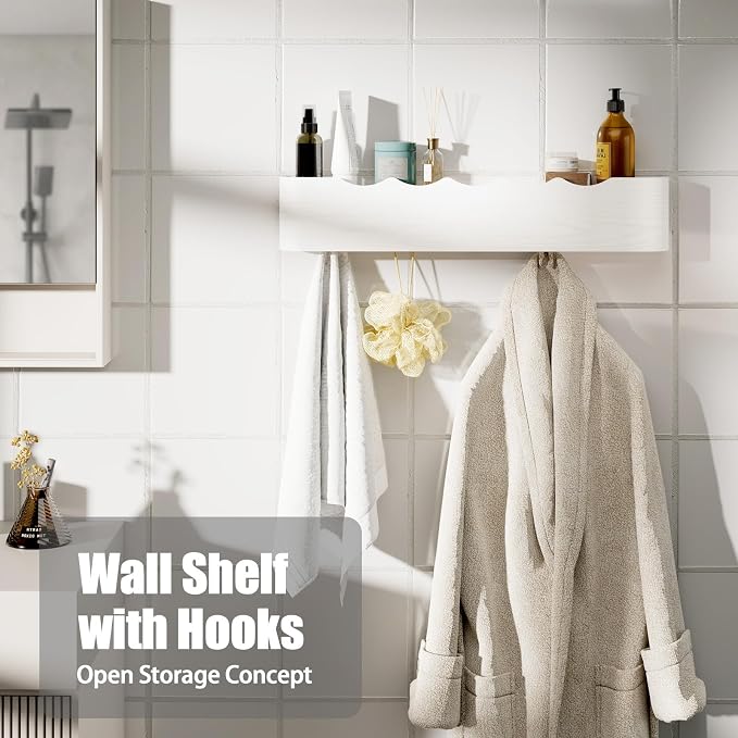Coat Rack Wall Mount with Shelf 4 Hidden Hooks Modern Wooden Key Holder Entryway Organizer for Hallway Bedroom Bathroom Home Decor Storage for Hanging Coats Hats Bags Towels, Wave-Shape White - Image 7