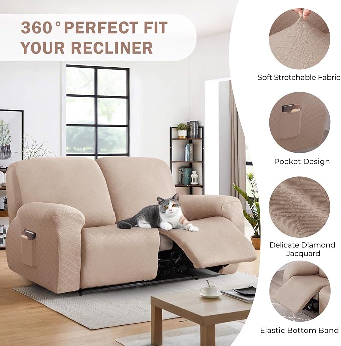 vctops Diamond Recliner Loveseat Slipcover 6-Pieces Stretch Dual Recliner Sofa Covers for 2 Seat Dual Reclining Loveseat Couch Soft Solid Furniture Protector (Camel,2 Seat) - Image 4
