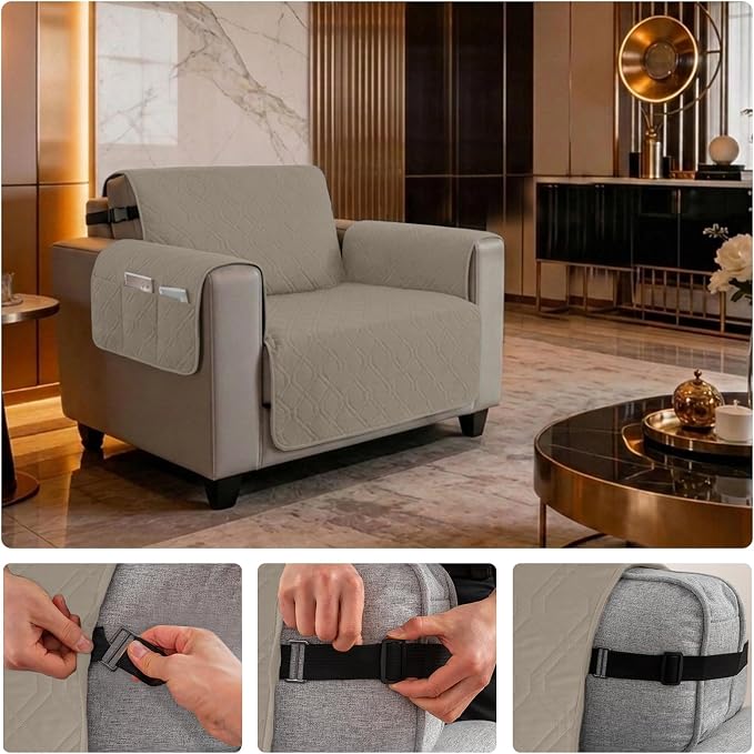 100% Waterproof Couch Cover,Straps&Pockets,pet Friendly,23" Camel | Washable sofa cover, pet-friendly, scratch-resistant furniture protector, quilted sofa cover, reversible, non-slip backing. - Image 6