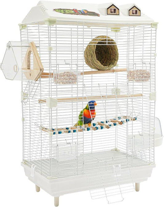 2-Door Wrought Iron Bird Cage Parakeet Cage with Roof, Parrot Cage Pet Birds Flight Cage w/Nest, Interactive Birdcages Bird House Travel Cage for 4-6 Small Birds (30" H, Iron Mesh w/Roof-A) by Unknown