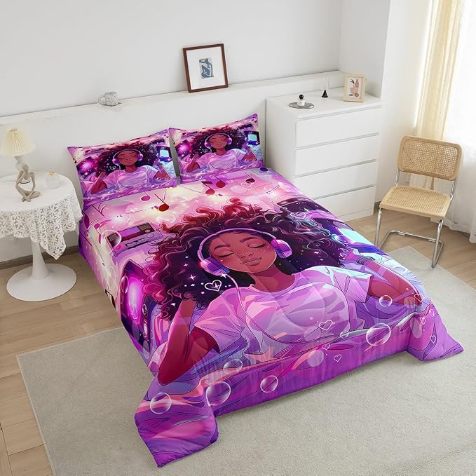 Manfei Musical Girl Girls Girls Comforter Set,African Style American Cool Girl Starry Bubble Duvet Set for Room Decor,Hippie Music Headset Radio Purple Brushed Microfiber Soft Quilt Cover,Full Size - Image 3
