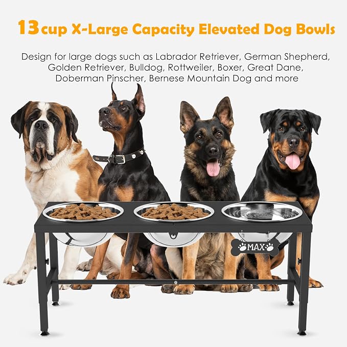 Extra Large Elevated Dog Bowls, 4 Adjustable Height with Three 101oz/3000ml Large Stainless Steel Bowls and Splash pad, Raised Dog Bowl Stand for Large and Extra Large Breeds - Image 3