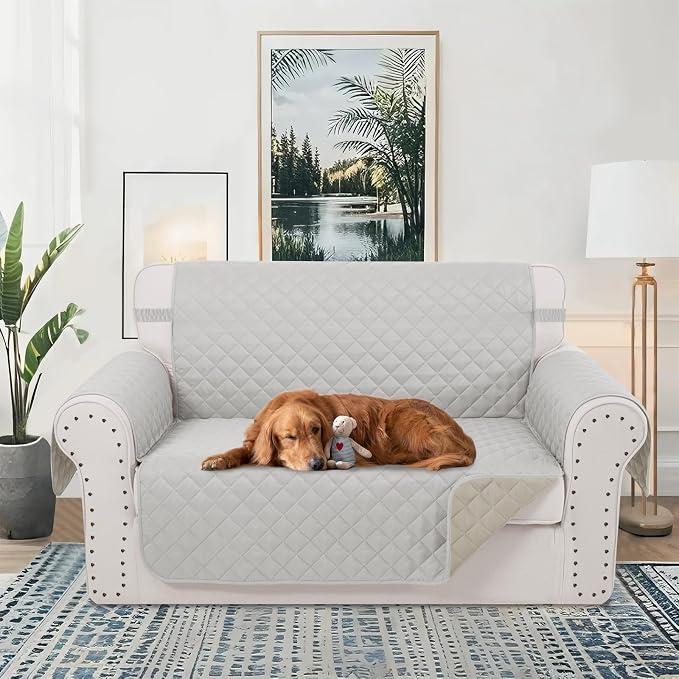 Reversible 45" Small Loveseat Sofa Covers, Light Grey/Beige | Loveseat Covers for Dogs Water Repellent, Friendly Furniture Protector with Elastic Straps for Living Room - Image 2