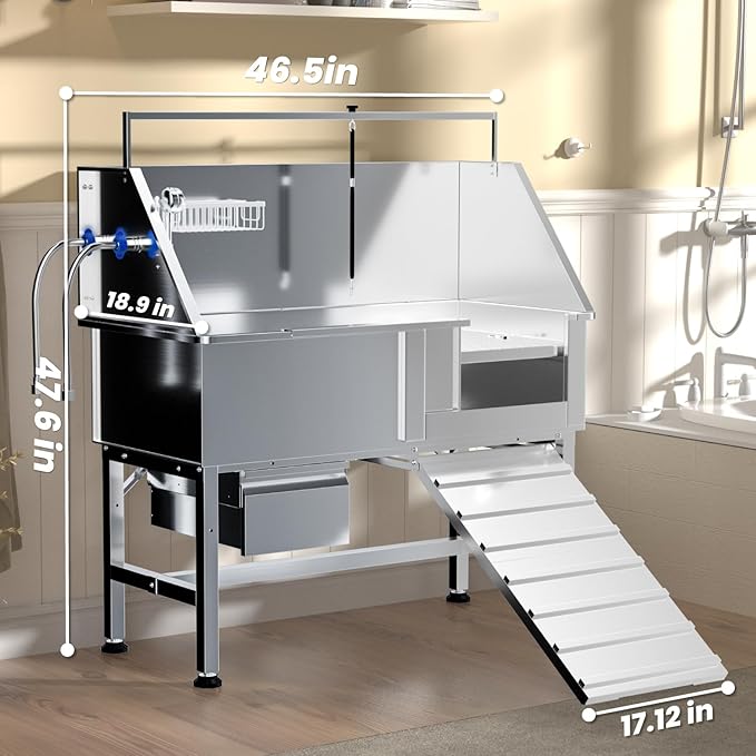 46" Dog Washing Station for Home,Stainless Steel Professional Dog Bathing Station Height Adjustable D og Grooming Tub Ramp, Drawer, Floor Grate & Fauct (R Ramp) - Image 6