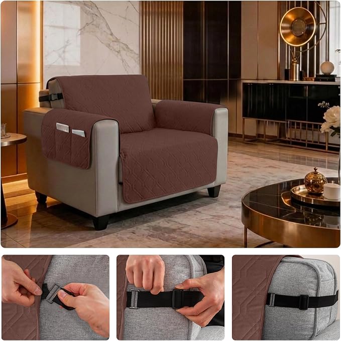 100% Waterproof Couch Cover,Straps&Pockets,pet Friendly,23" Coffee | Washable sofa cover, pet-friendly, scratch-resistant furniture protector, quilted sofa cover, reversible, non-slip backing. - Image 6