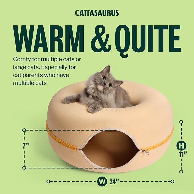 Cattasaurus Peekaboo Cat Cave Donut for Multiple & Large Cats up to 30-45 lbs, 3-in-1 Self Warming Cat Bed, Tunnel & Scratcher for Indoor Cats, Washable & Detachable Dog Bed (Pastel Macaron, Large) - Image 2