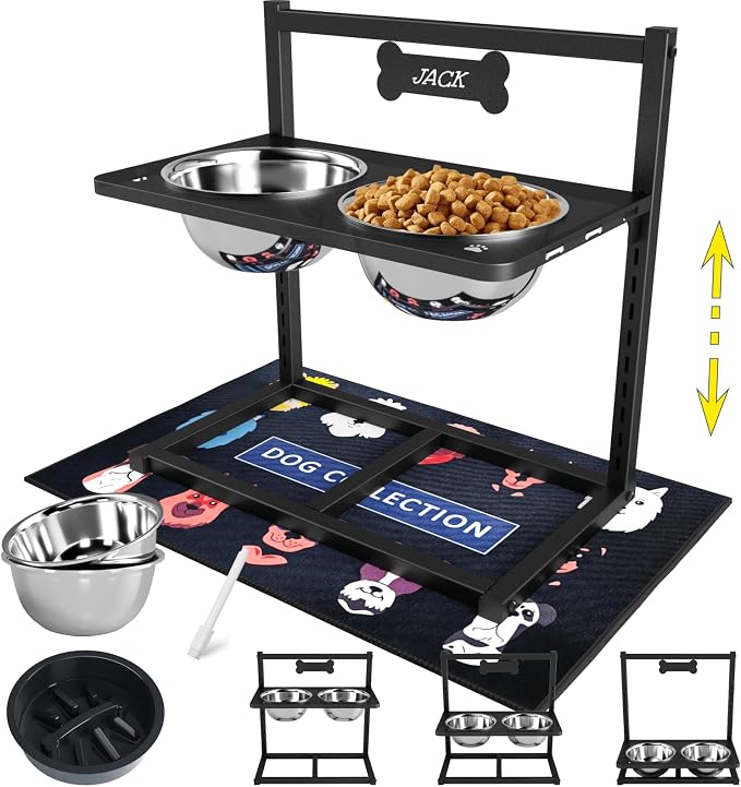 ADENGL 9 Height Adjustable Dog Bowl Stand with Two 1.7L Stainless Steel, Slow Feeder Bowls and Nonslip Pad, Perfect for Medium and Large Dogs by ADENGL