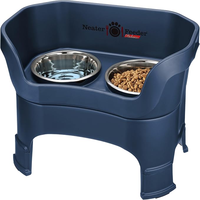 Neater Feeder Deluxe Mess-Proof Elevated Dog Bowls for Large Dogs (40+ lbs), 2 Height Adjustable (14.5” & 17.5”) No-Spill Raised Dog Bowl Stand, Stainless Steel Food Bowl Set, Made in USA, Dark Blue by NeaterPetBrands