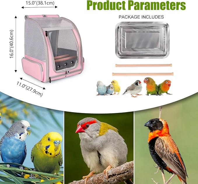 Parrot Carrier Backpack with Front Zipper Opening, Bird Travel Carrier Cage with Standing Perches and Metal Tray, Breathable Portable Transport Bag for Parakeet, Budgie, Conure, Cockatiel, Parrot - Image 3